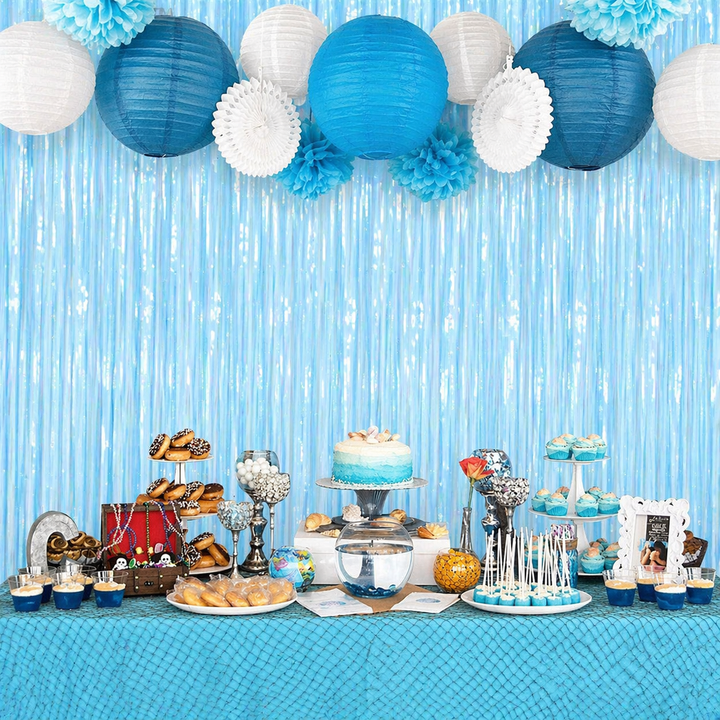 Xtra Large, Pastel Blue Fringe Curtain - 3.2x10 Feet | Pack of 2 | Blue Metallic Tinsel Backdrop | Streamers for Gender Reveal Party Supplies, Baby Shark, Under the Sea Birthday Decorations for Boys