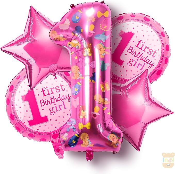 1st Birthday Girl Theme 5 Pcs Foil Balloon Set – Decorative Balloons for Party Decorations