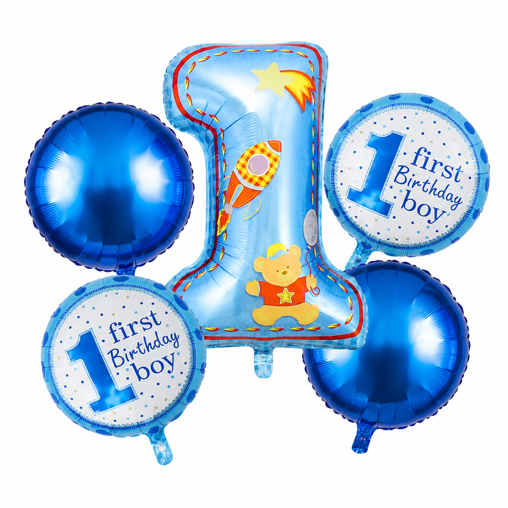 1st Birthday Boy Theme 5 Pcs Foil Balloon Set – Decorative Balloons for Party Decorations