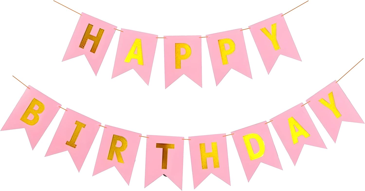 Birthday Cardboard Pink Pack of 1 Fishtail Banner Party Decoration Item With Ribbon Girl Princess Theme Bunting