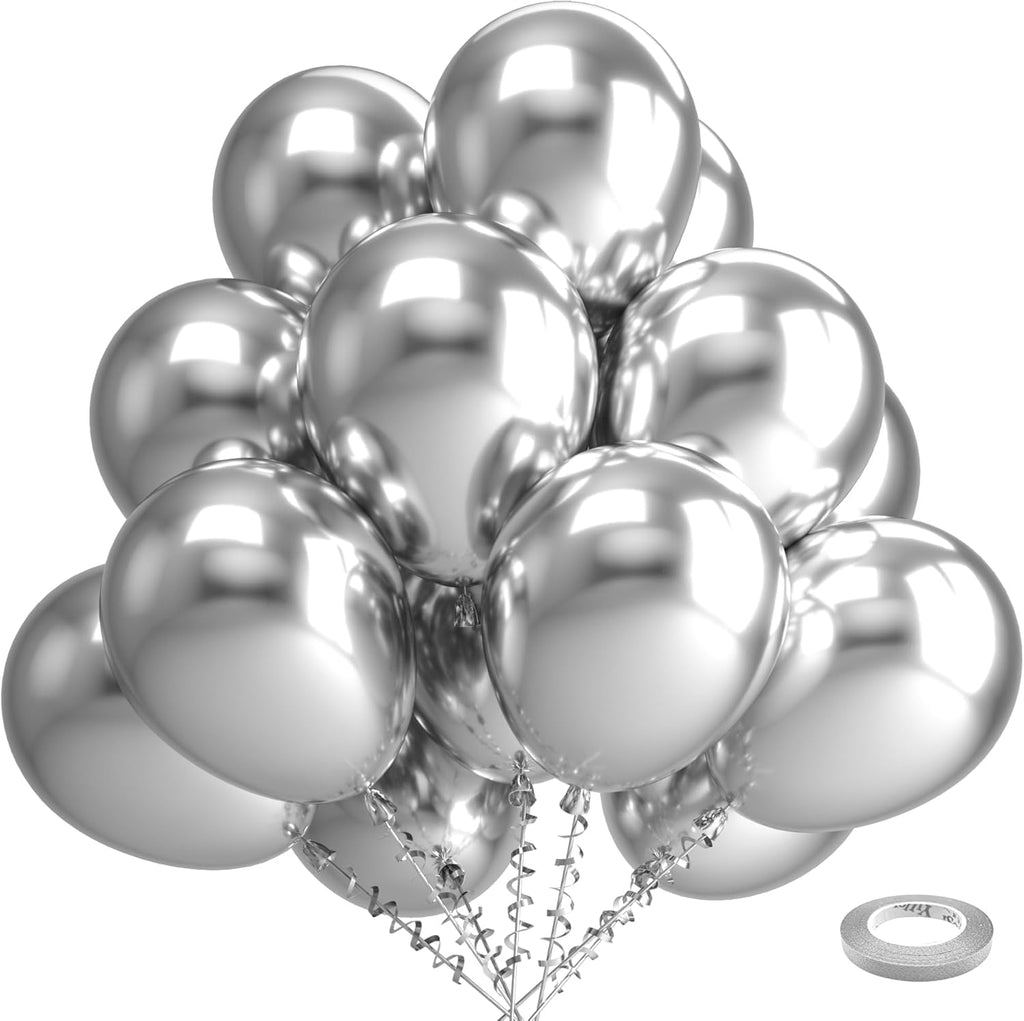 Silver Metallic Chrome Latex Balloons – 100 Pack, 12 inch Silver Round Helium Balloons for Wedding, Graduation, Anniversary, Baby Shower, and Birthday Party Decorations