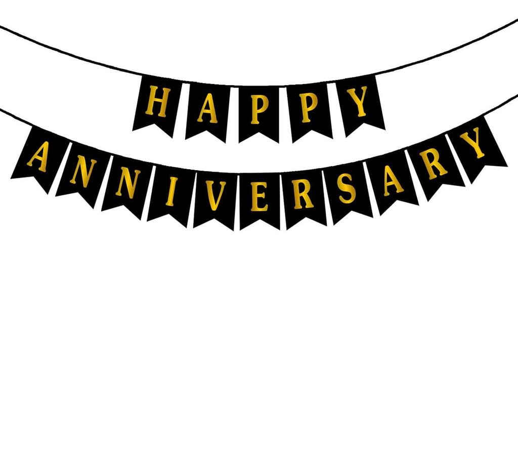 Black Happy Anniversary Card Banner with Shiny Golden Prints - Anniversary Banner for Party Decorations