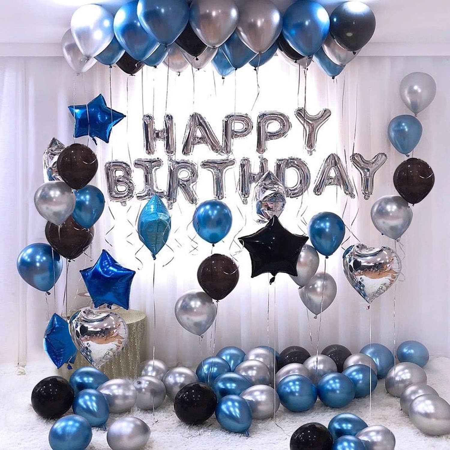 Happy Birthday Letter Foil Balloon Set of Silver + Pack of 30 HD Metallic Balloons (Blue, Black and Silver) / happy birthday balloon/happy birthday balloon banner/birthday decoration