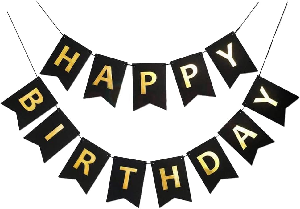 Birthday Banner - Black Cardstock Fishtail Letters with Ribbon, Reusable Party Backdrop for Boys Girls & Adults Pack of 13