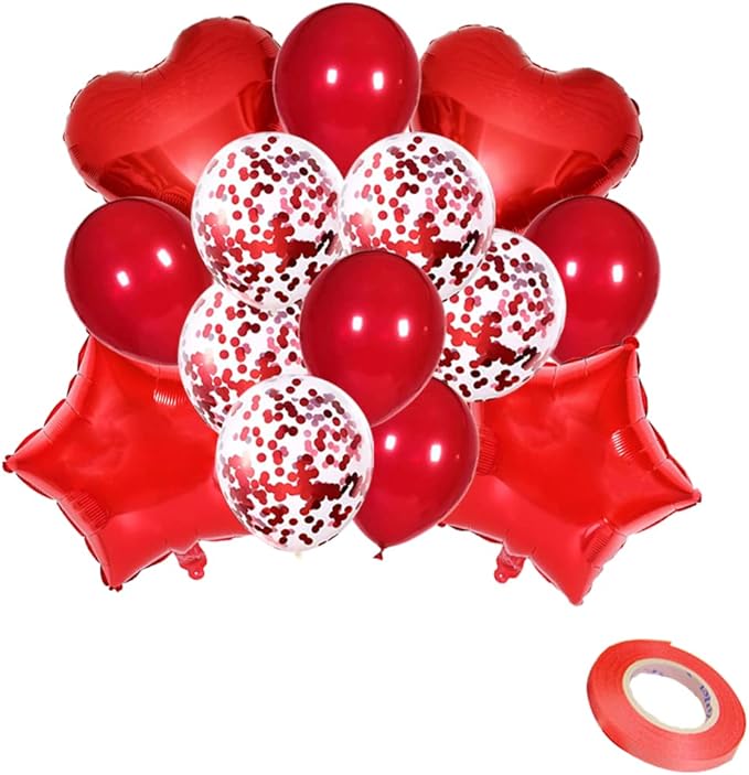 Balloon Sets with Star, Heart Foil Balloons for Birthday, Wedding, Festival Decoration Party Decoration Kids Baby Men Women Adult Party Supplies (14pcs in 1set) With Air Pump (Red)
