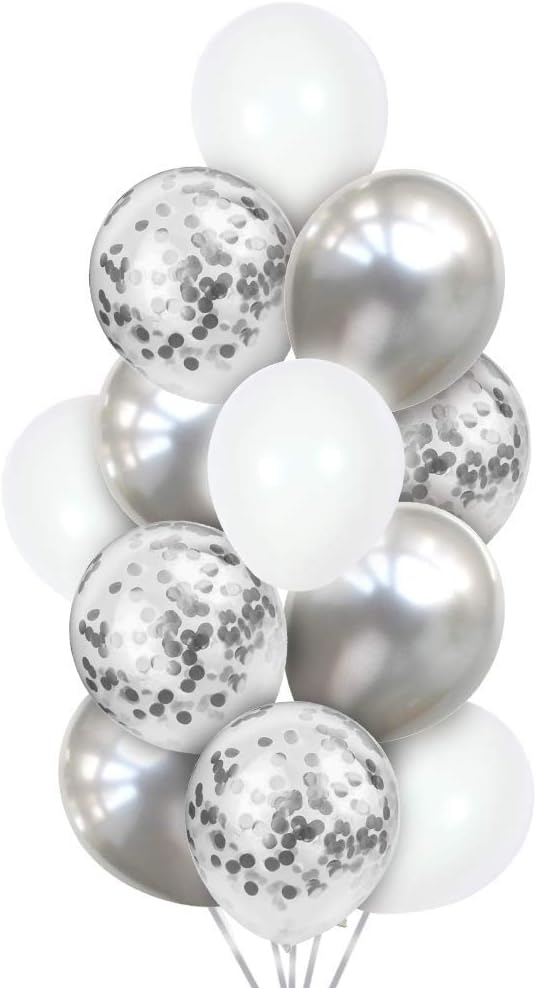 White Chrome Silver Confetti Balloons Bouquet 24PCs for Wedding Bridal Shower Birthday Pa