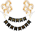 9 Pcs Happy Birthday Decoration Set – Black "Happy Birthday" Banner with Confetti Balloons and Ribbon – Birthday Party Decoration for All Ages
