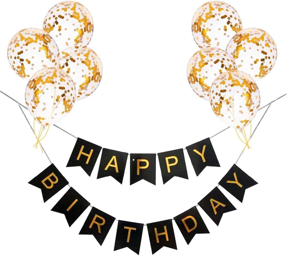 9 Pcs Happy Birthday Decoration Set – Black "Happy Birthday" Banner with Confetti Balloons and Ribbon – Birthday Party Decoration for All Ages