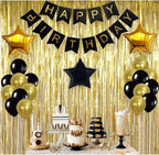 Black and Gold Balloons with Paper Pom Poms – Birthday Party Decoration Kit with Pale Champagne Foil Fringe Tinsel Curtain – Black Theme Backdrop Decoration Set