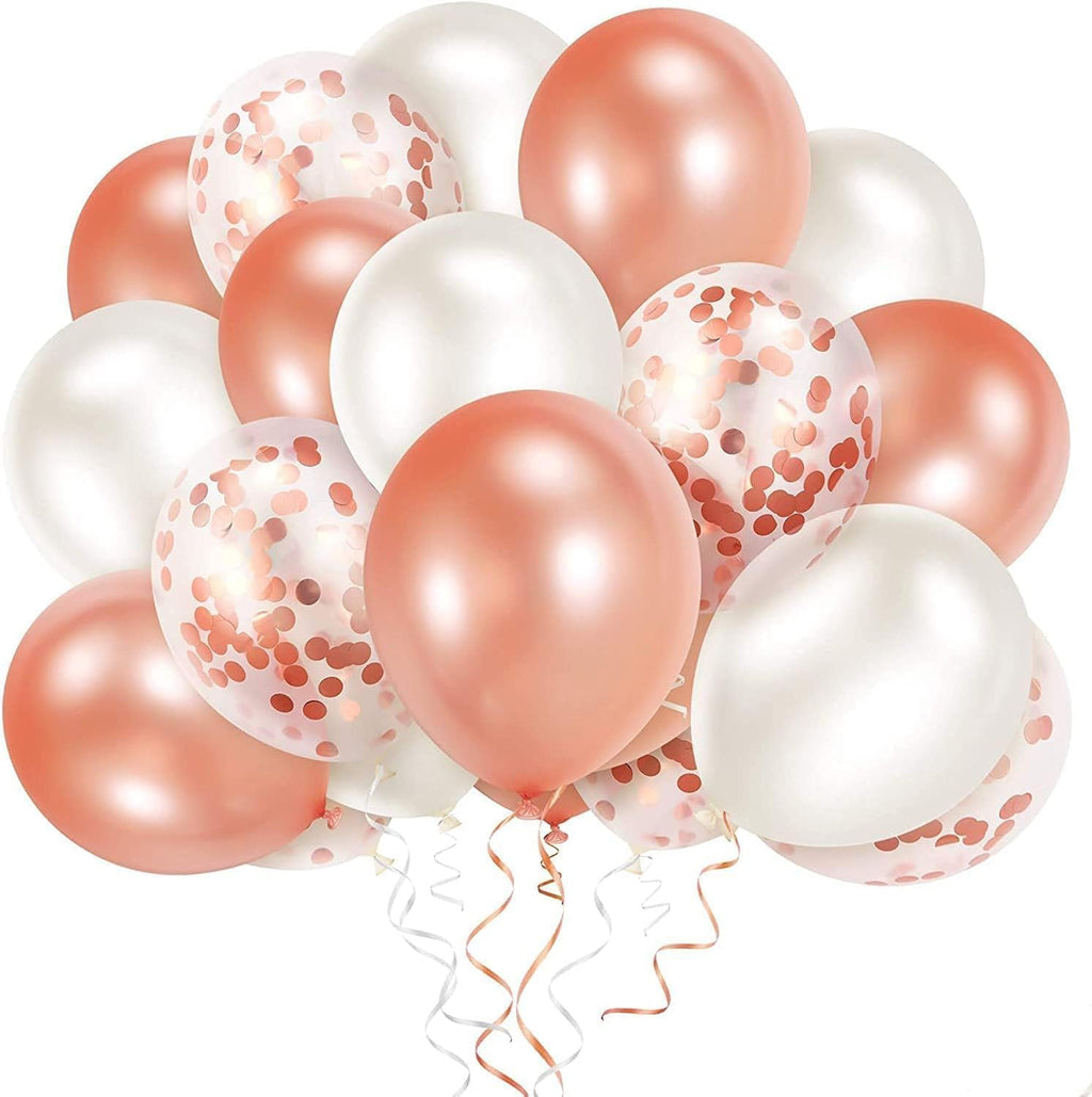 50 Pcs Rose Gold and White Confetti Balloons – 40 Pcs Set (15 Rose Gold, 15 White, 10 Confetti) – Perfect for Birthday, Baby Shower, Anniversary Parties – Unisex-Kids