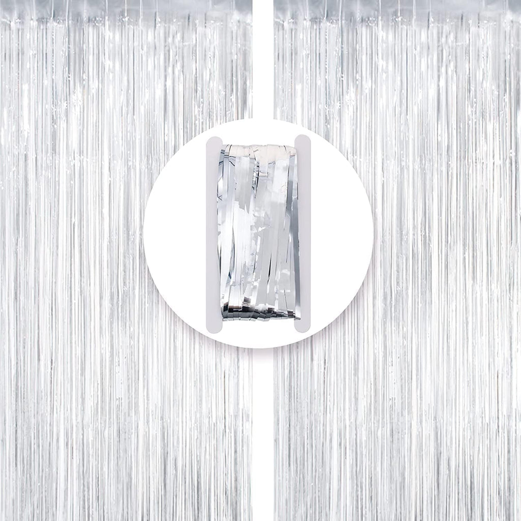 Metallic Tinsel Foil Fringe Curtains Party Photo Backdrop – 2-Piece Set, Size 100 x 200 cm, Silver