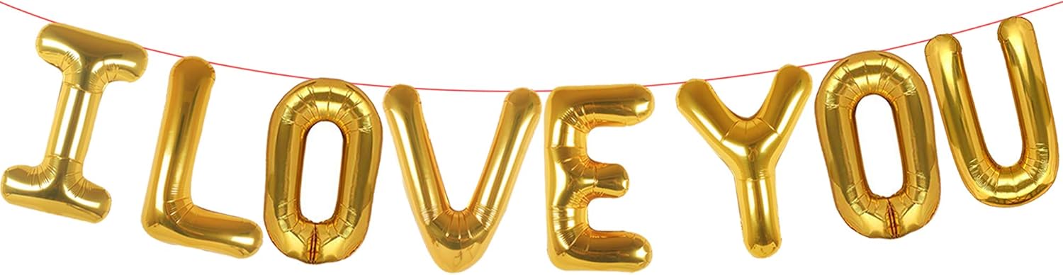 I Love You Gold Foil Balloons Kit - 16 Inch | Romantic Gold Letter Balloons for Wedding Decorations, Anniversary Party, Proposal & Engagement Décor | Reusable I LOVE YOU Balloons