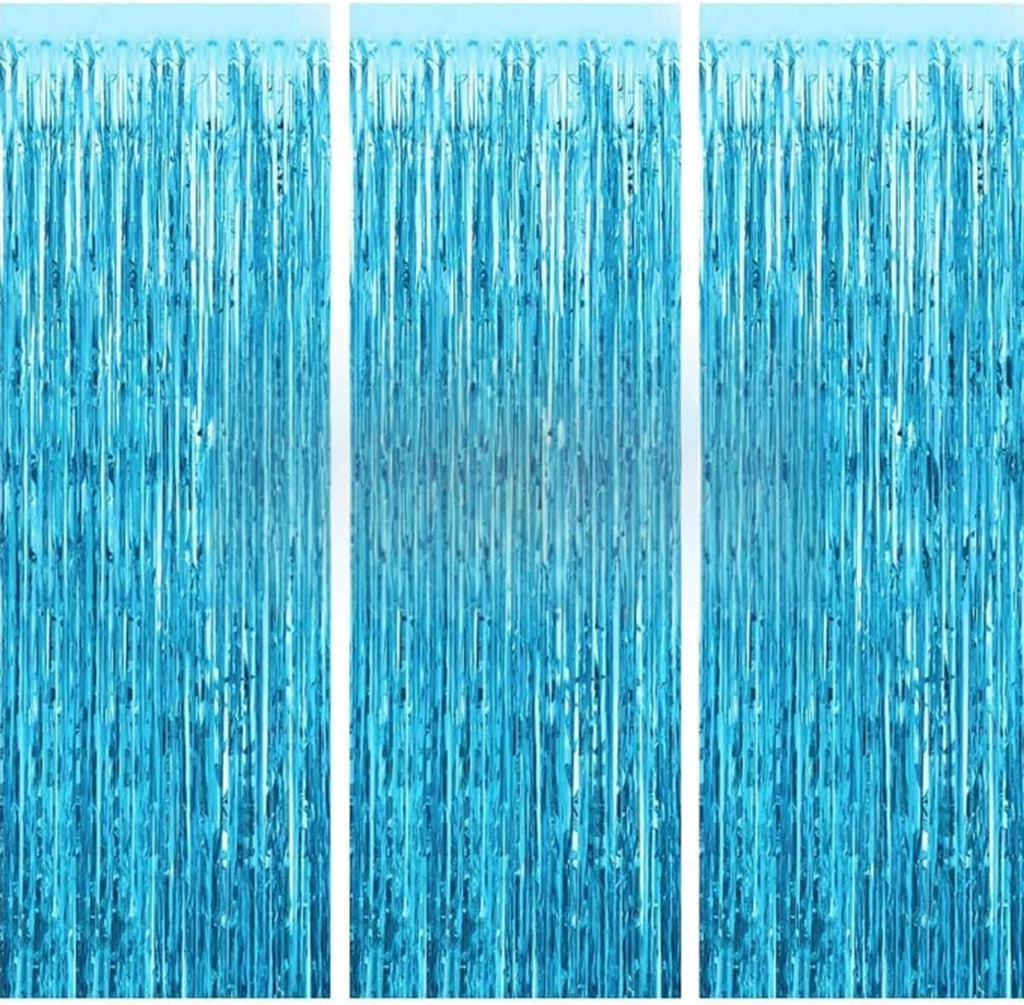 3Pcs Blue Foil Fringe Curtain, Foil Metallic Fringe Shimmer Backdrop Curtains for Birthday Party Decorations | Blue Birthday Curtains for Baby Shower - 1x2m