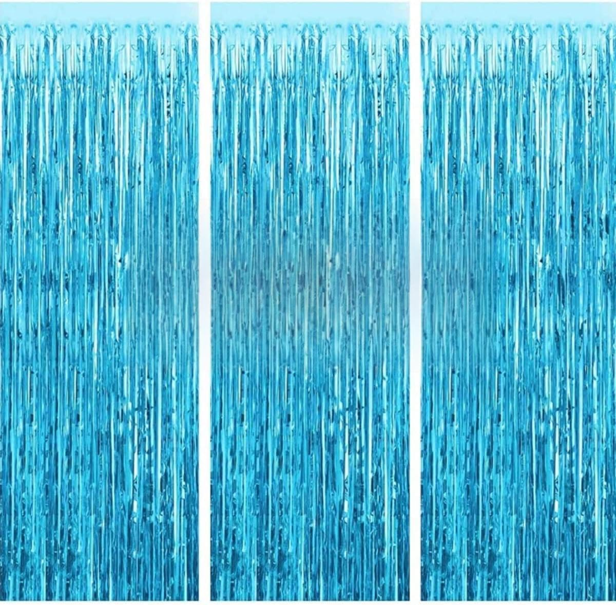 3Pcs Blue Foil Fringe Curtain, Foil Metallic Fringe Shimmer Backdrop Curtains for Birthday Party Decorations | Blue Birthday Curtains for Baby Shower - 1x2m