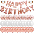 Rose Gold Happy Birthday Balloon Banner with White and Rose Gold Confetti Balloons – Perfect decoration for women’s and girls’ birthday parties.