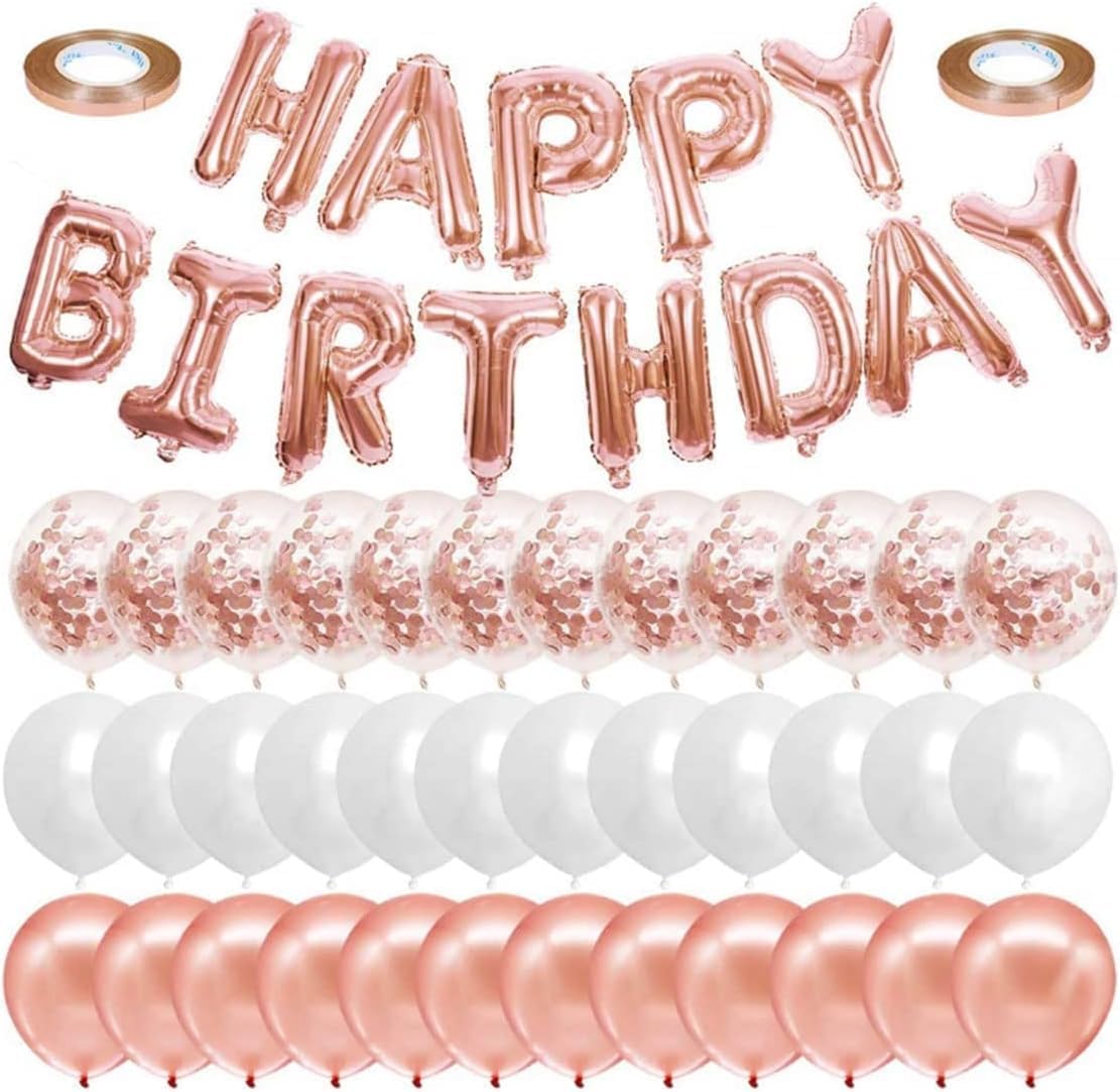 Rose Gold Happy Birthday Balloon Banner with White and Rose Gold Confetti Balloons – Perfect decoration for women’s and girls’ birthday parties.