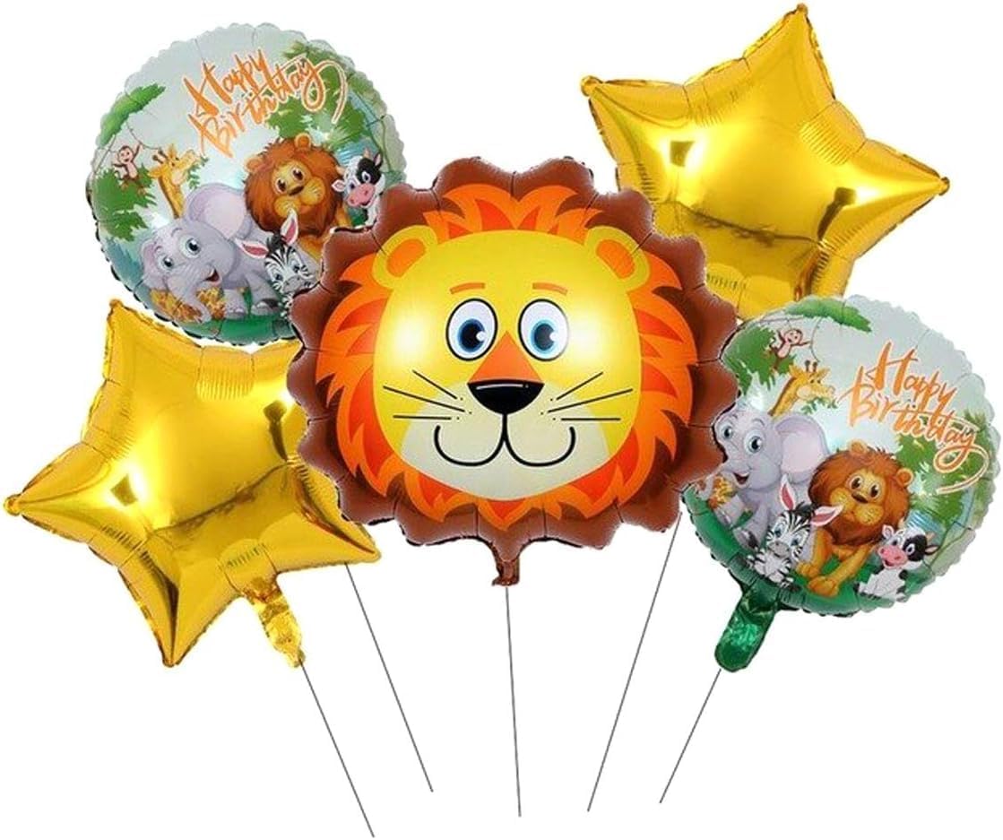 Lion Shape Foil Balloon Set – Gold and Jungle Theme Colors, Includes Star, Round, and Lion Face Balloons for Kids' Birthday Party, Multi Pack of 5