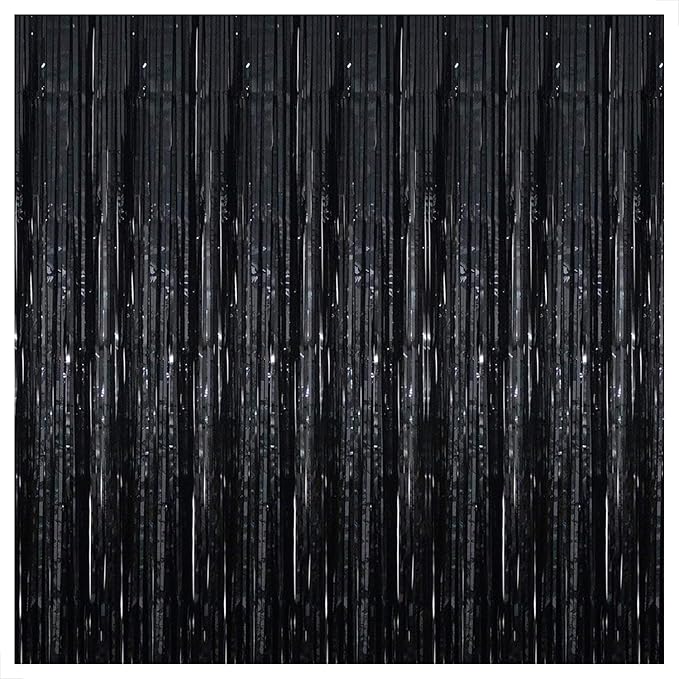 3 pcs 3ftx6ft Metal Black Foil Fringe Curtains Happy Birthday Party, Anniversary, Bachelorette, Baby Shower, Bridal Shower Decoration Item - Pack of 3