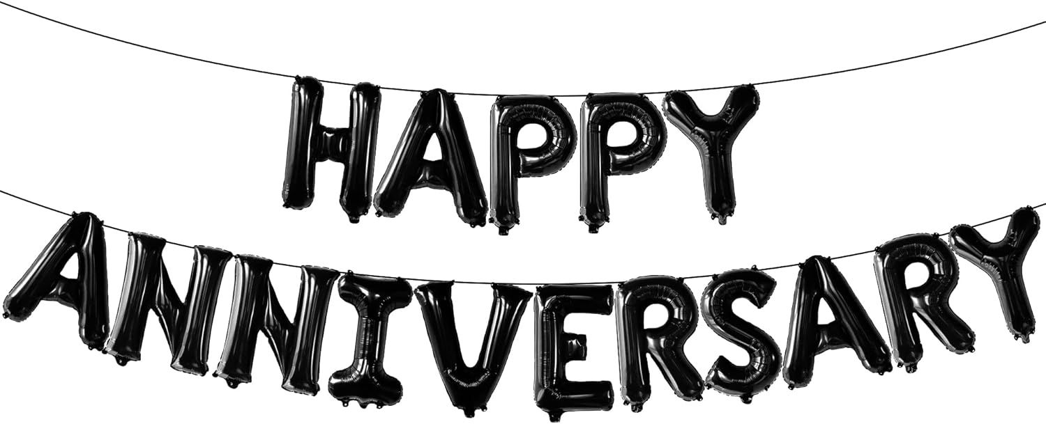 Happy Anniversary Balloons Black - 16 Inch | Black Happy Anniversary Banner for Happy Anniversary Decorations | Black Happy Anniversary Backdrop | Black Happy Anniversary Balloon Banner