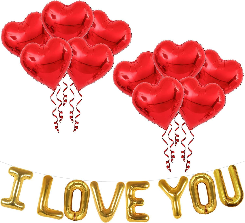 I Love You Balloons and Heart Balloons Kit – Pack of 28 – Valentine’s Day Decorations for Party – Includes 10 Red Heart-Shaped Foil Balloons (18 Inch)