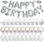 Silver Happy Birthday Balloon Banner with White and Silver Confetti Balloons – Ideal for birthday party decorations.