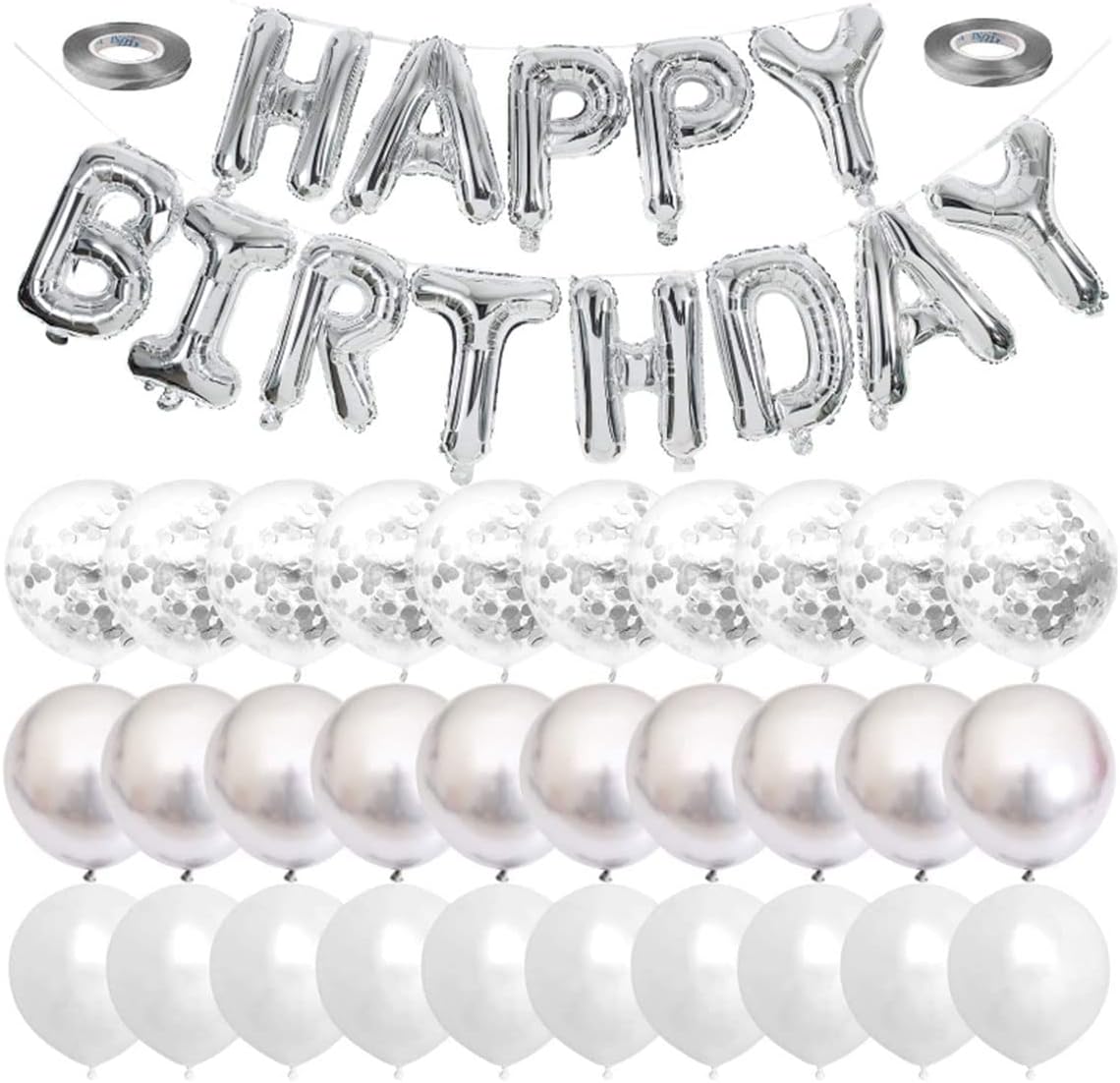 Silver Happy Birthday Balloon Banner with White and Silver Confetti Balloons – Ideal for birthday party decorations.