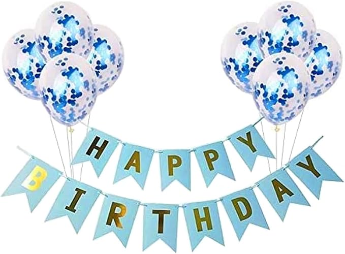 9Pcs Happy Birthday Decoration Set – Blue Happy Birthday Banner with Confetti Balloons and Ribbon - Birthday Party Decoration for Boys, Girls, Men & Women