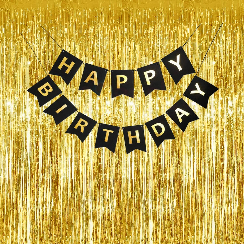 Golden Foil Curtains with Black Birthday Banner - Pack of 3-3ft x 6ft Tinsel Fringe Backdrop & Black Banner for Birthday Decoration, Photo Booth, Hall & Home