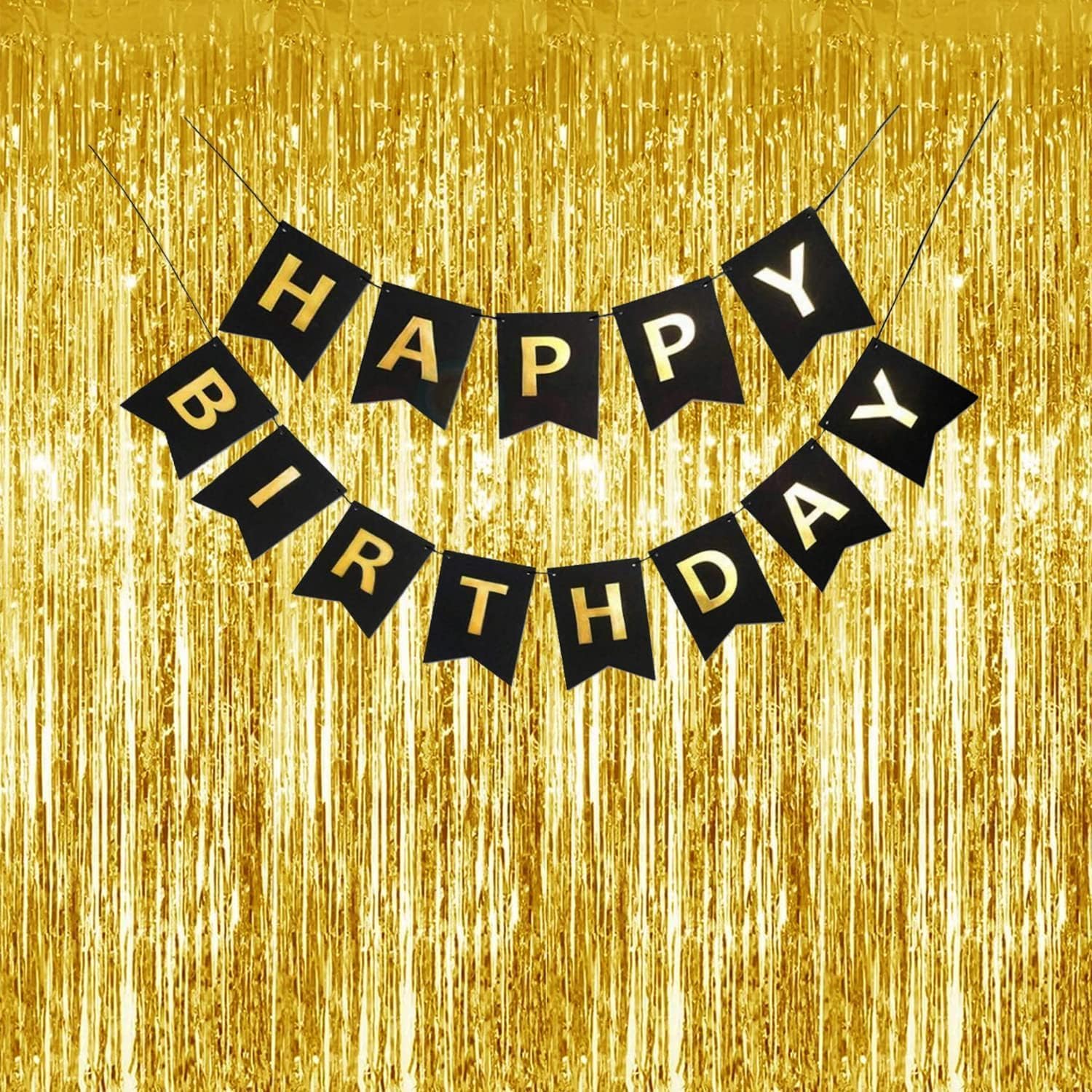 Golden Foil Curtains with Black Birthday Banner - Pack of 3-3ft x 6ft Tinsel Fringe Backdrop & Black Banner for Birthday Decoration, Photo Booth, Hall & Home