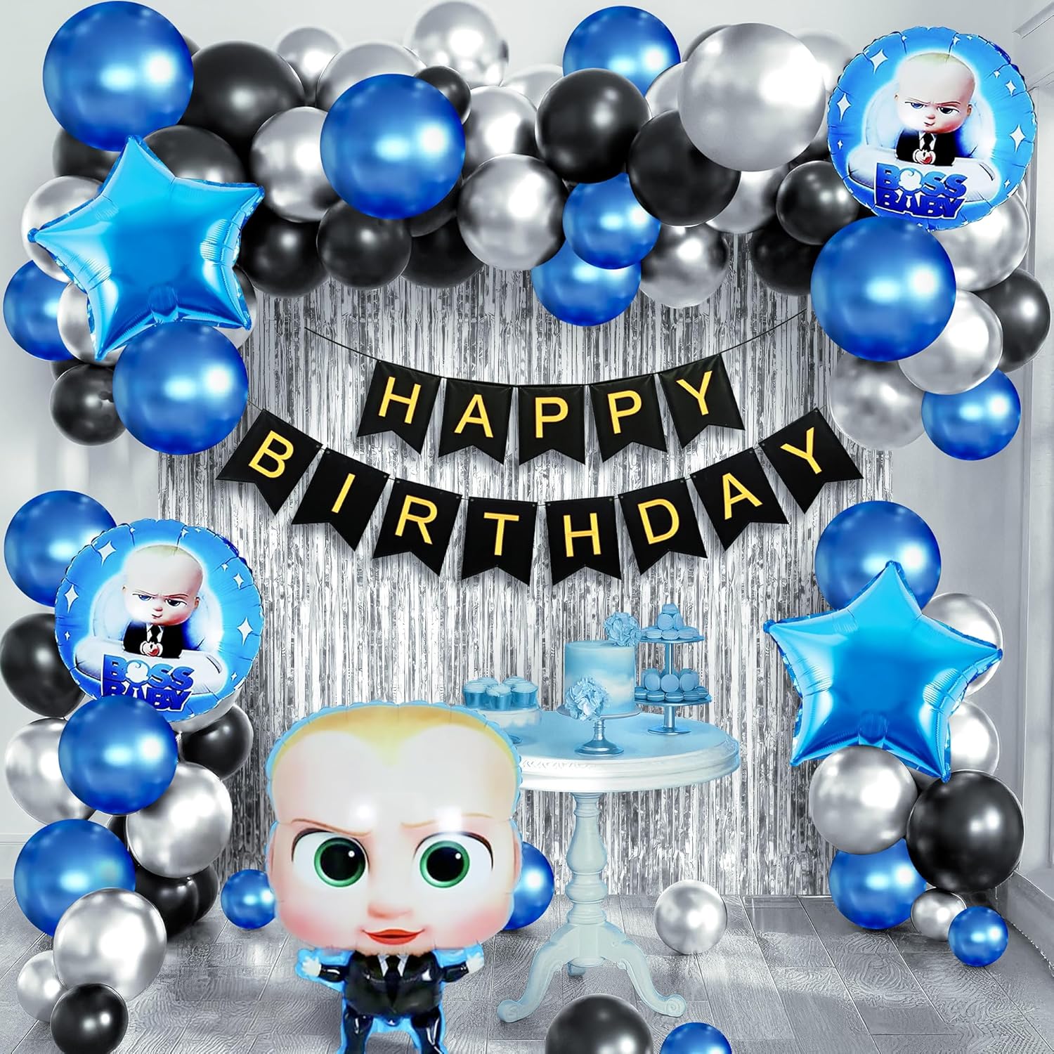 Boss Baby Theme Birthday Decorations Kit - 55 Pcs With Happy Birthday Banner (Cardstock), Blue Balloons