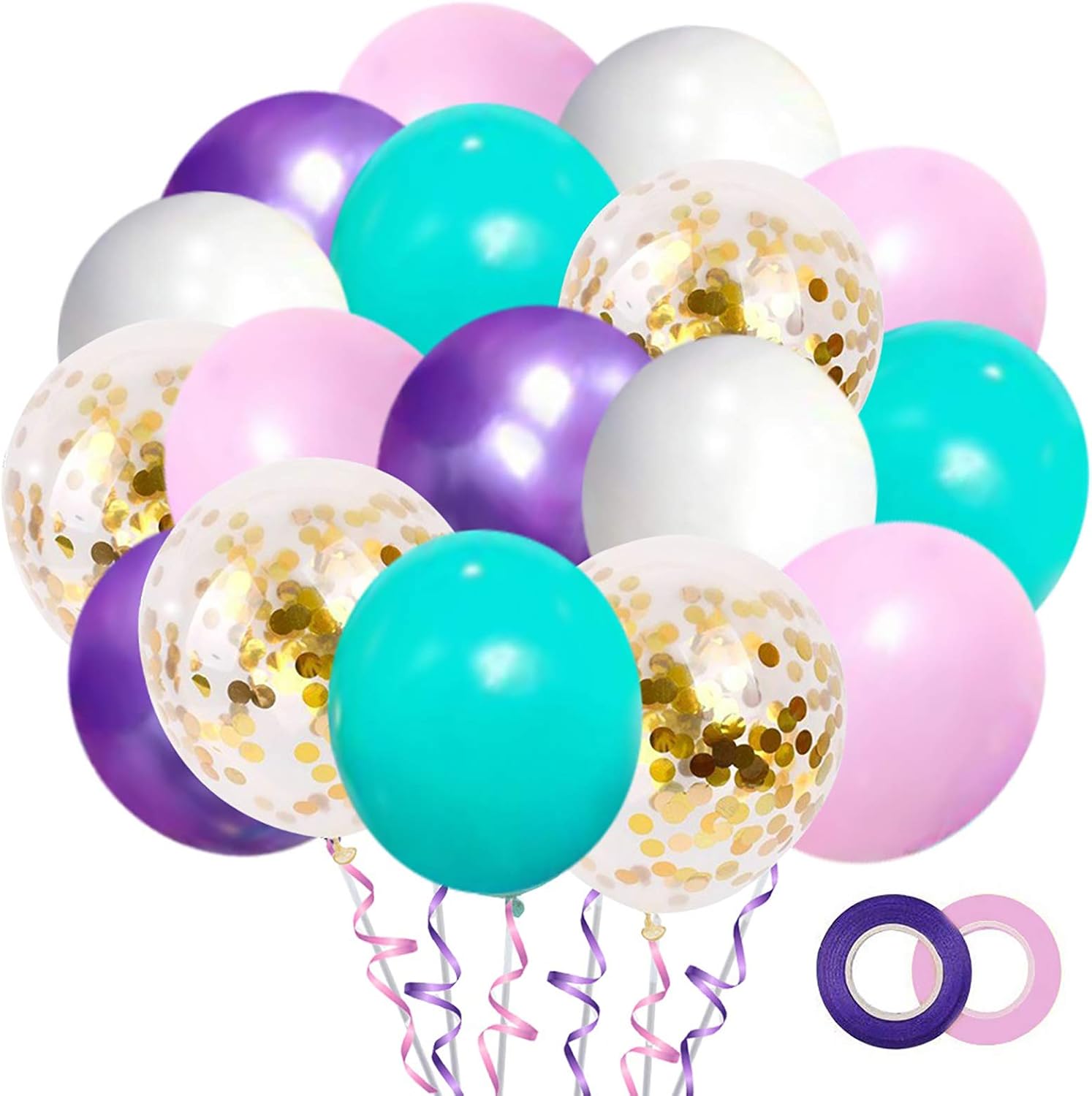 Unicorn Mermaid Latex Balloons 50Pack,12 Inch Gold Confetti Party Balloons, Light Pink Blue Purple Assorted with 2 Rolls Ribbon for Parties, Birthday.