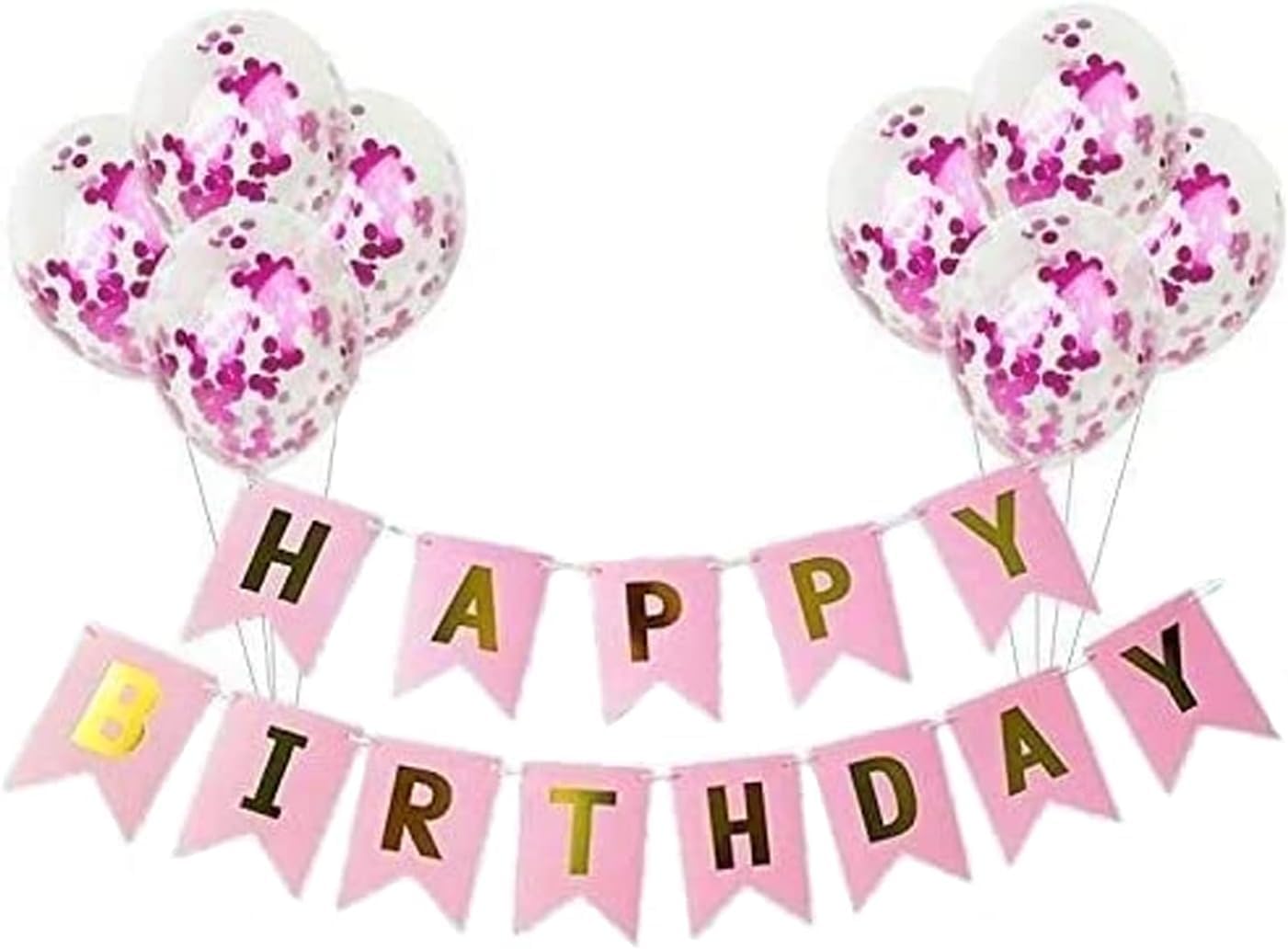 9 Pcs Happy Birthday Decoration Set – Pink "Happy Birthday" Banner with Confetti Balloons and Ribbon – Birthday Party Decoration for All Ages