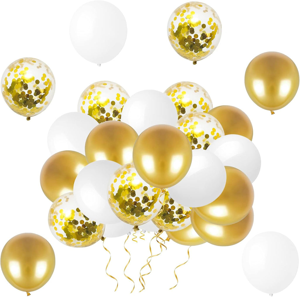 Confetti Balloons 12" Party Latex Birthday Baby Shower Wedding for More Parties 50 Pcs Pack-White, Gold, Golden Confettii with Ribbon