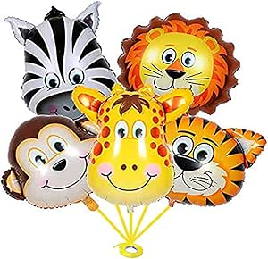 Jungle Safari Foil Balloons - (Pack of 5) Animal Faces (Lion, Tiger, Zebra, Monkey, Giraffe) for Kids Birthday Decoration, Jungle Theme Backdrop, Baby Shower, School Events