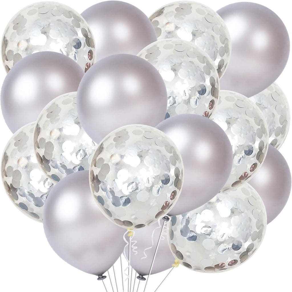 Silver and Silver Confetti Latex Balloons Kit - Pack of 30 | Latex Silver and Confetti Balloons for Birthday | Shiny Silver Confetti Balloons for Wedding Decorations, Anniversary, Bridal, Baby Shower