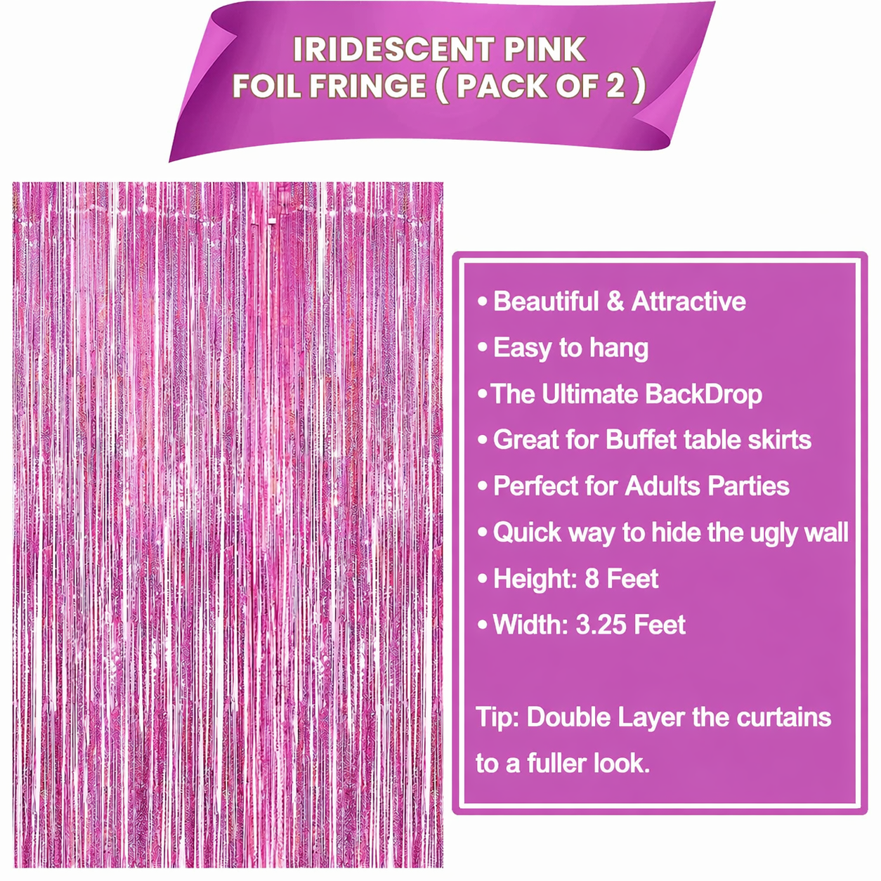 Iridescent Pink Backdrop Curtain - 3.2x8 Feet, Pack of 2 | Foil Streamers for Girls Party Decorations | Graduation Decorations 2025 | Easter Decorations | Bachelorette Party Decoration