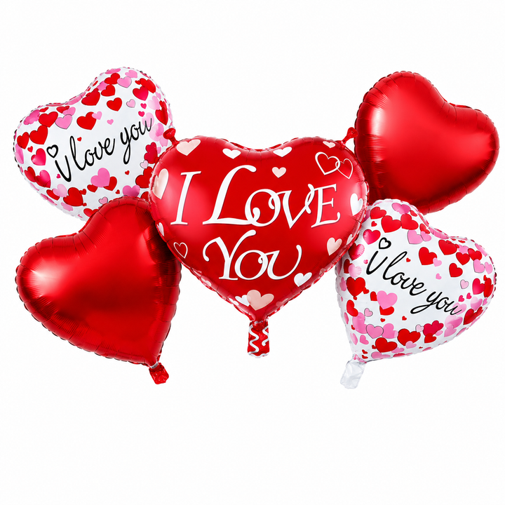 I Love You Heart  Theme 5 Pcs Foil Balloon Set – Decorative Balloons for Party Decorations 