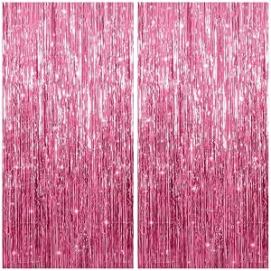 Pink Foil Fringe Curtain Backdrop for Party Decorations, 2 Pack