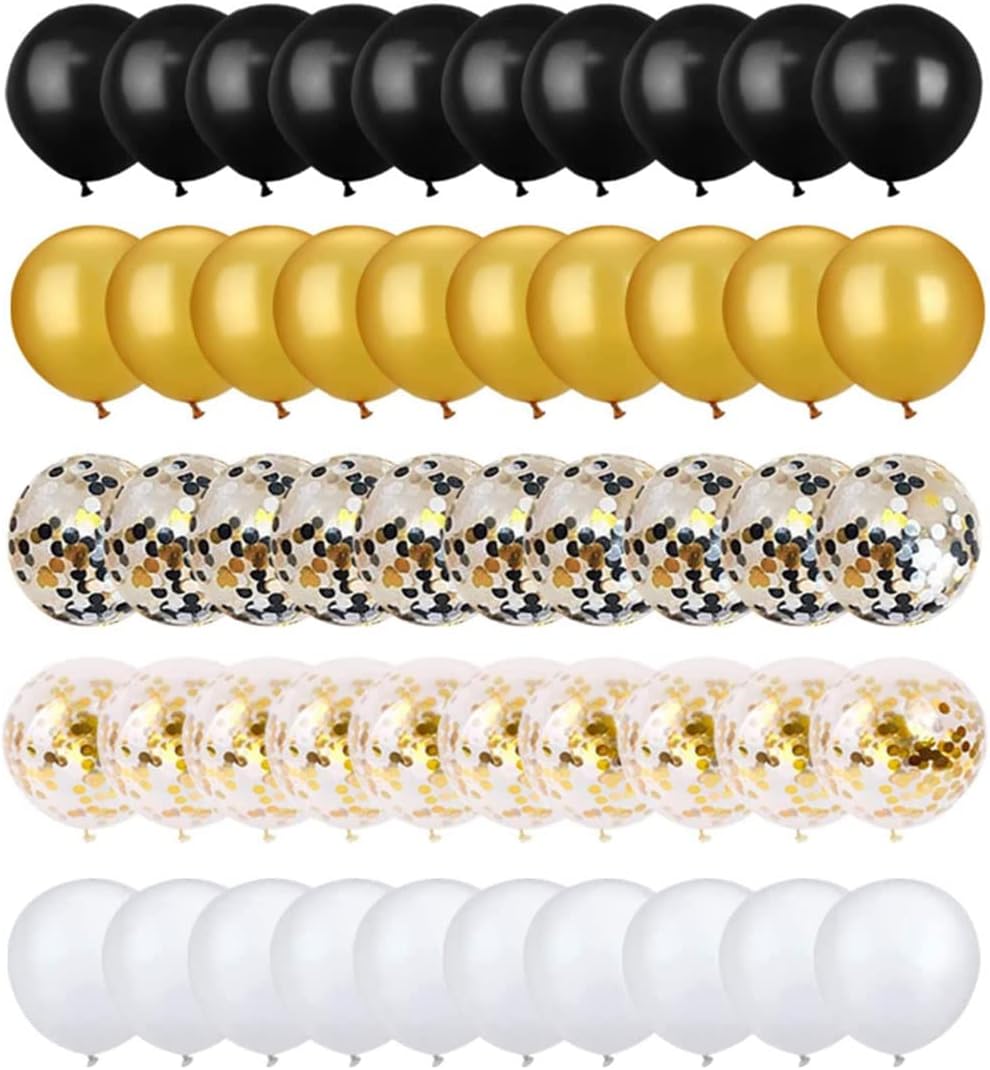 72 Pack Black Gold Confetti Balloons Kit, 12 Inch Black Gold White Balloons and Gold Confetti Balloons with Balloon Ribbons for Graduation Birthday Wedding Baby Shower Party Decorations