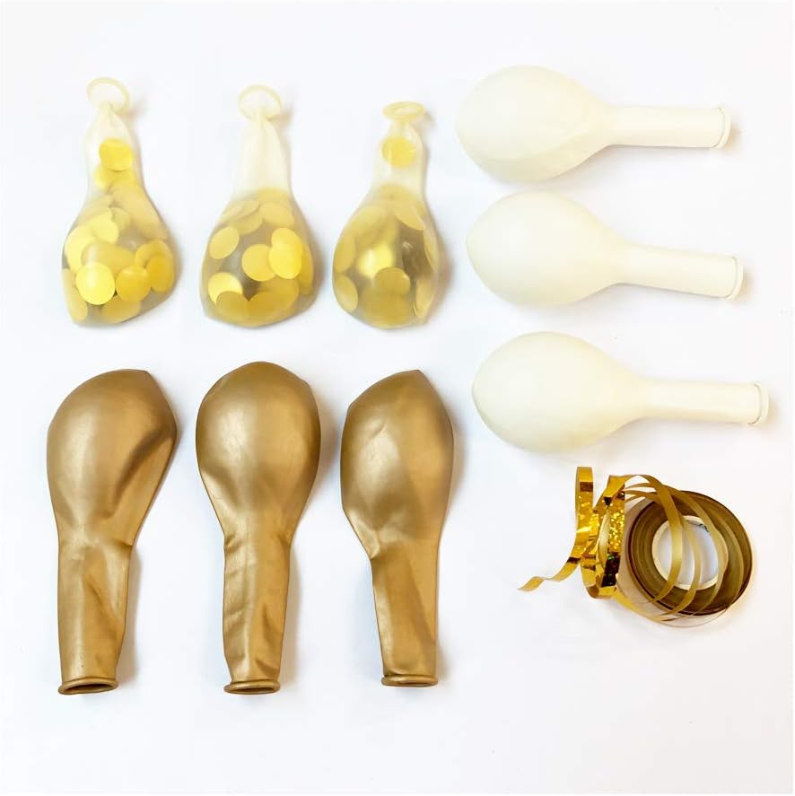 Confetti Balloons 12" Party Latex Birthday Baby Shower Wedding for More Parties 50 Pcs Pack-White, Gold, Golden Confettii with Ribbon