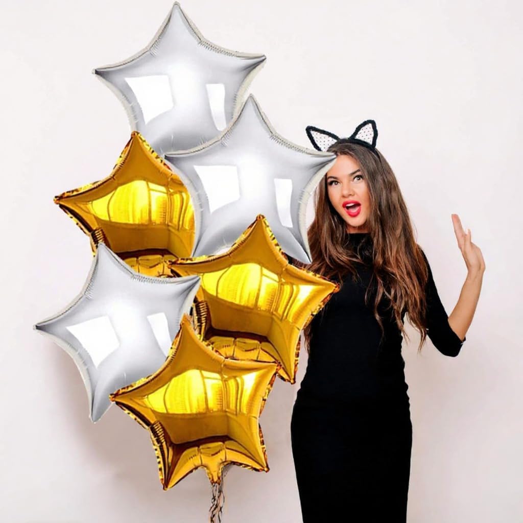 Gold and Silver Star Foil Balloon Set – 6 Pack, 18 Inch Shining Gold and Silver Party Balloons for Birthday Decoration Star-Shaped Helium Balloons for Wedding Decor, Holiday Party, Bridal Shower, and