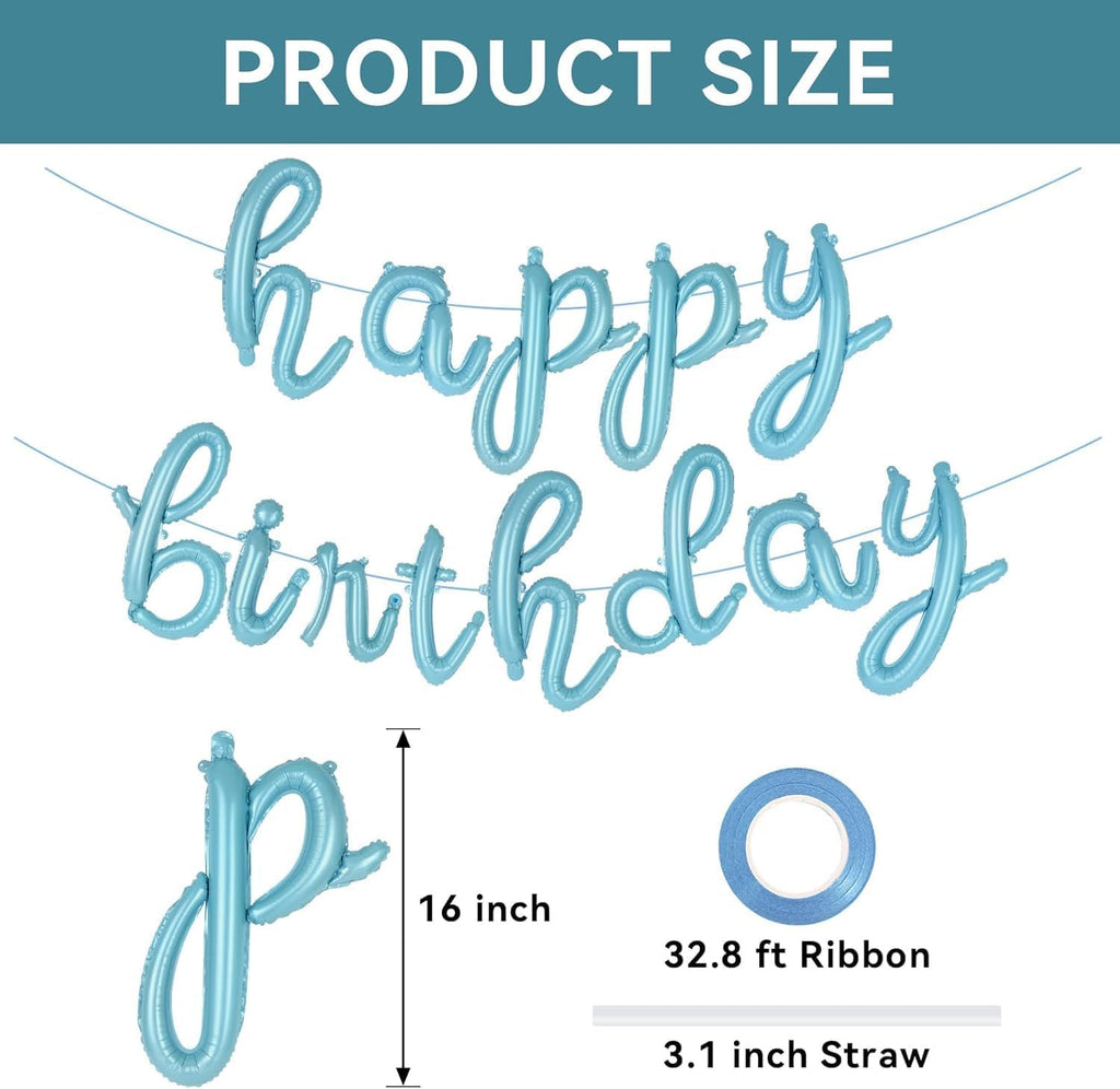 Cursive Happy Birthday Banner Balloons – Foil Letter Balloons Blue – Happy Birthday Sign – Birthday Party Decoration for Boys, Girls, Men & Women – Birthday Balloons