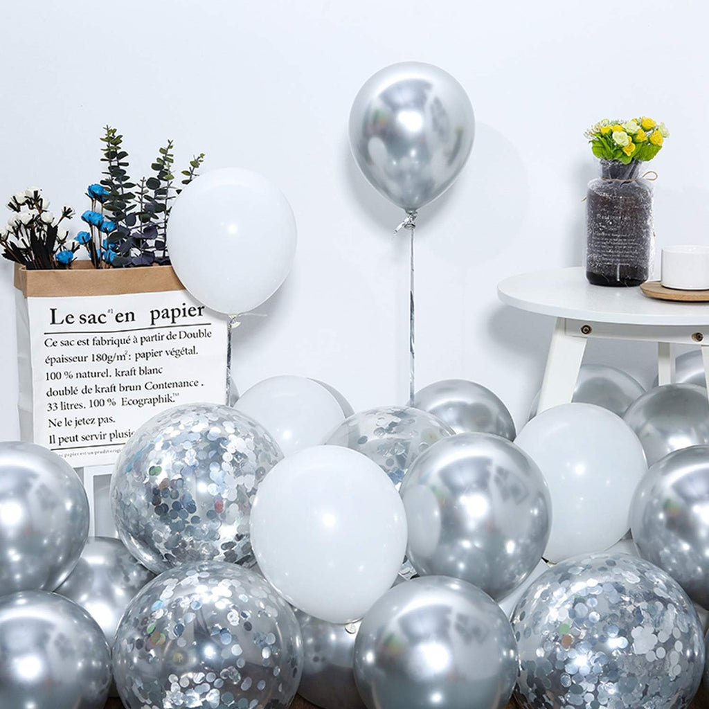 50 12-inch Latex Balloons, 25 Pearlized Pearlescent Silver+25 Transparent with Confetti Large Thick Big Round Shining Biodegradable Bulk Helium Gas Air Inflated Kids Birthday Wedding Party Decorations