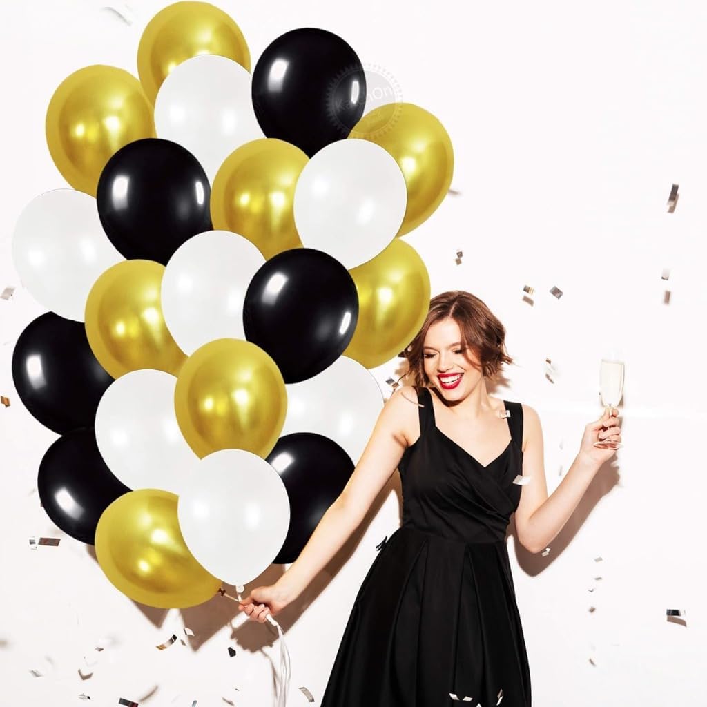 Gold and Black Party Balloons - Pack of 30, 12 Inch | White Latex Balloons | Gold Party Decorations | Birthday and Bachelorette Decorations | Bridal Shower, Wedding, Home and Office Decor Supplies Kit