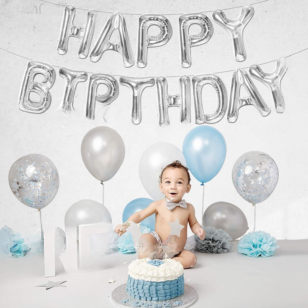 Silver Happy Birthday Balloons Banner - 16 Inch | Happy Birthday Sign Balloons for Happy Birthday Decorations | Happy Birthday Party Decoration | Happy Birthday Banner for Birthday Party Decoration