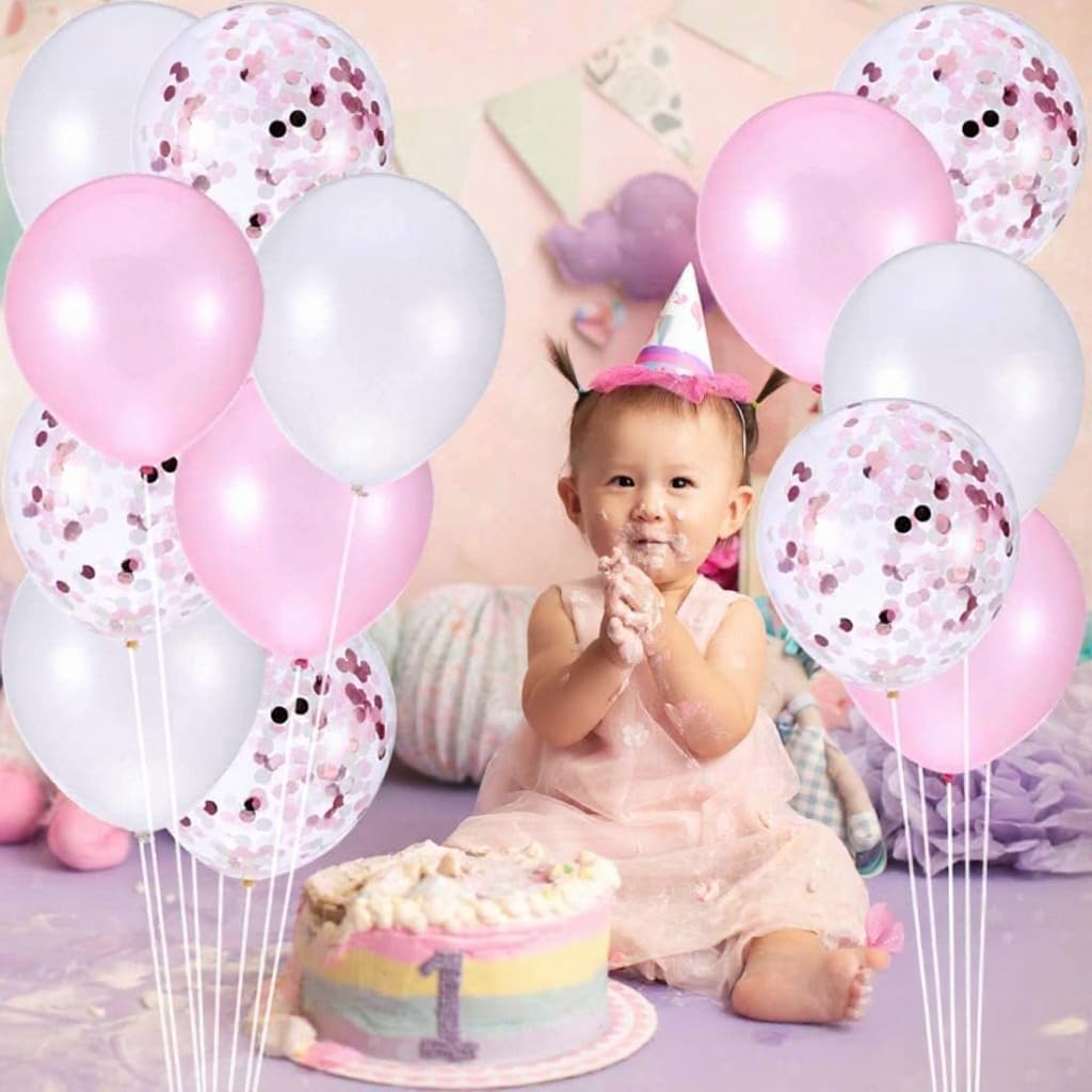 Pink and White Confetti Party Balloons Pack of 30 | Light Pink and White Confetti Latex Balloon Decorations Supplies | Great for Birthday Party Backdrop, Baby Bridal Shower, Wedding
