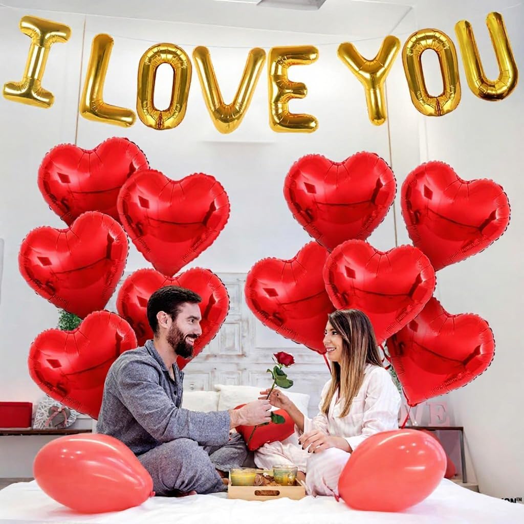 I Love You Balloons and Heart Balloons Kit – Pack of 28 – Valentine’s Day Decorations for Party – Includes 10 Red Heart-Shaped Foil Balloons (18 Inch)