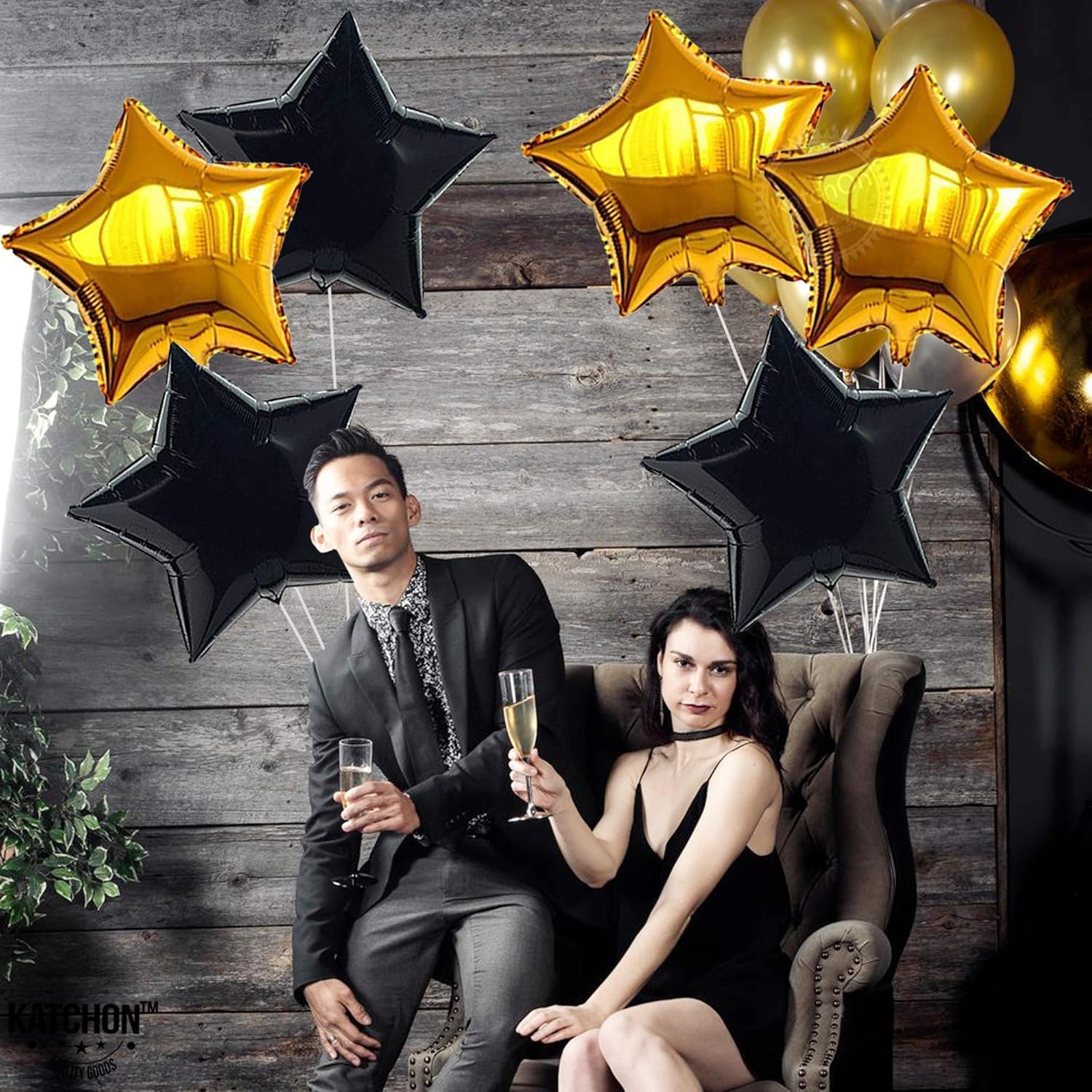 Gold and Black Star Foil Balloon Set - 6 Pack, 18 Inch | Twinkle Little Gold Black Party Balloons for Birthday Decoration | Star Shaped Helium Balloons for Wedding, Engagement, Bridal Baby Shower