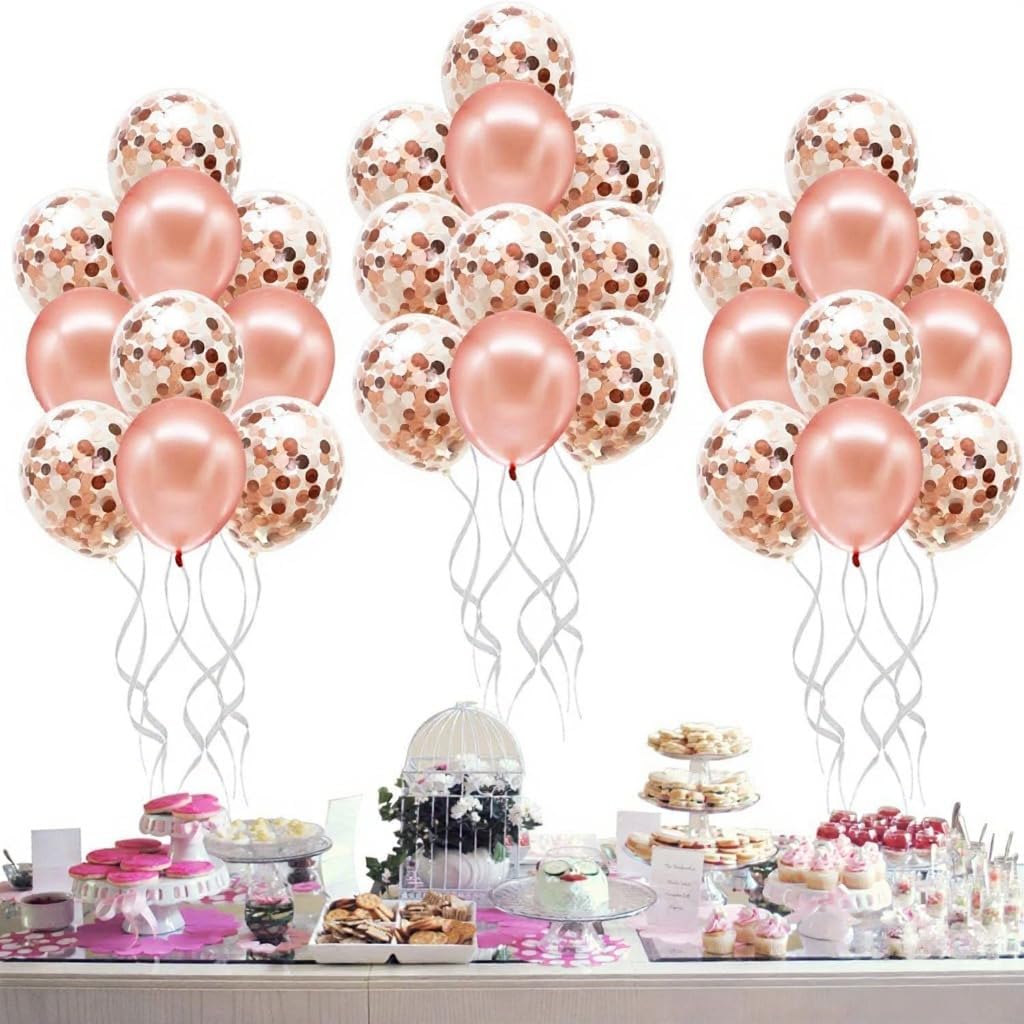 Rose Gold Confetti Balloons – Pack of 30, 12 Inch | Great for Bridal Shower Decorations, Birthday Parties | Pre-filled Rose Gold Confetti Latex Balloons for Weddings & Events
