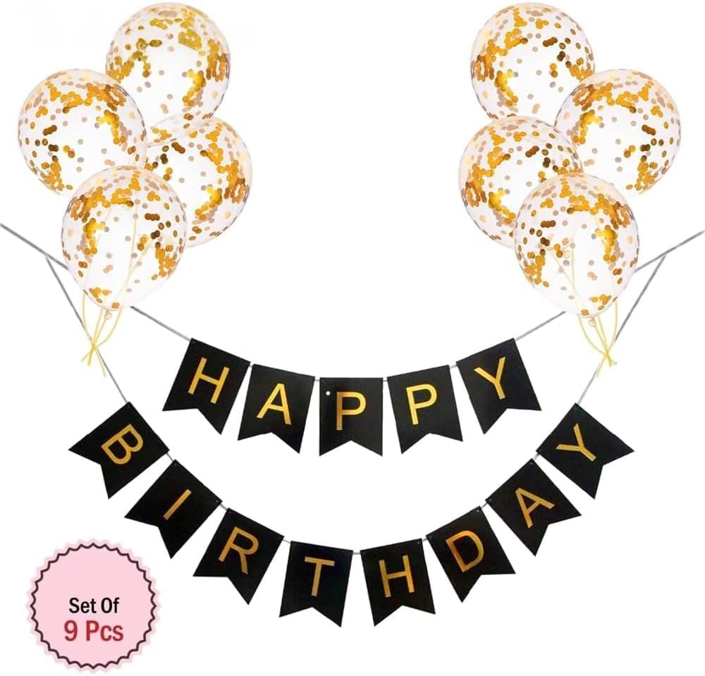 9 Pcs Happy Birthday Decoration Set – Black "Happy Birthday" Banner with Confetti Balloons and Ribbon – Birthday Party Decoration for All Ages